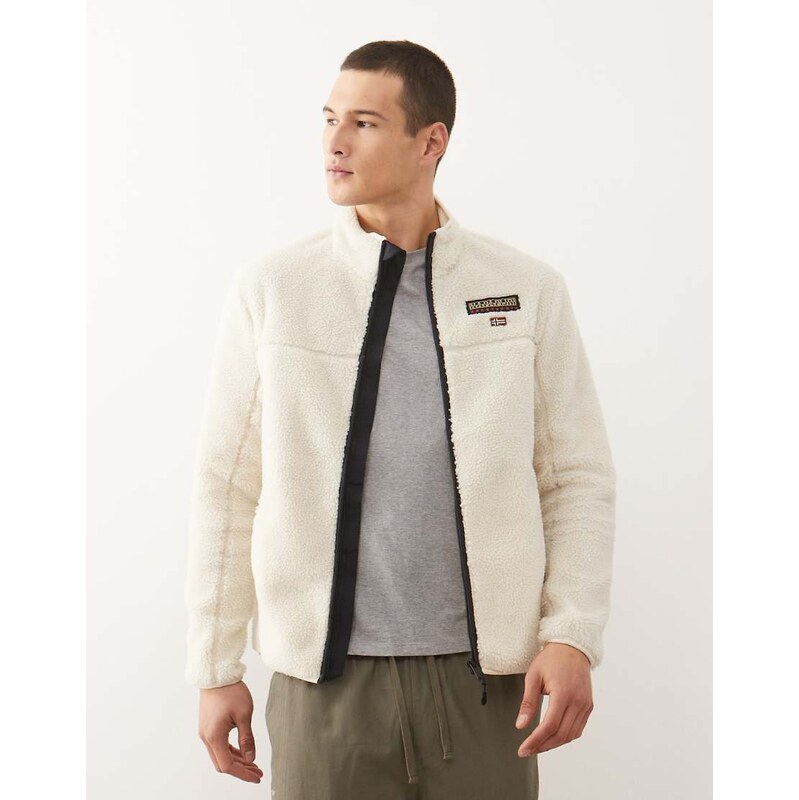 Napapijri Tynik logo full zip fleece jacket in white-Neutral