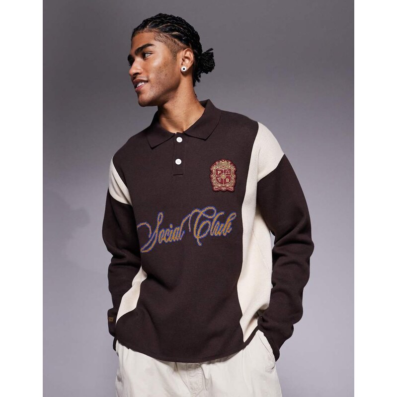 Prohibited long sleeve knitted logo polo shirt in brown