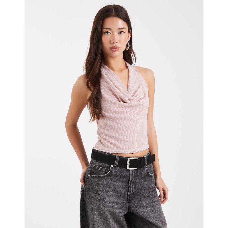 Miss Selfridge glitter cowl neck halterneck top-Neutral 115165027