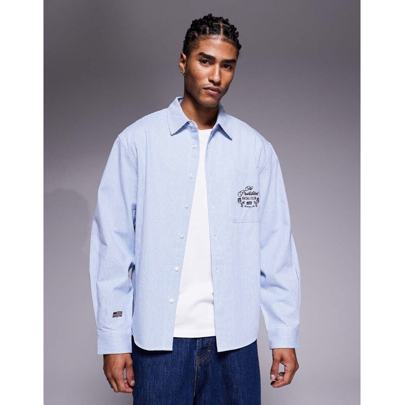 Prohibited long sleeve pocket logo shirt in blue stripe