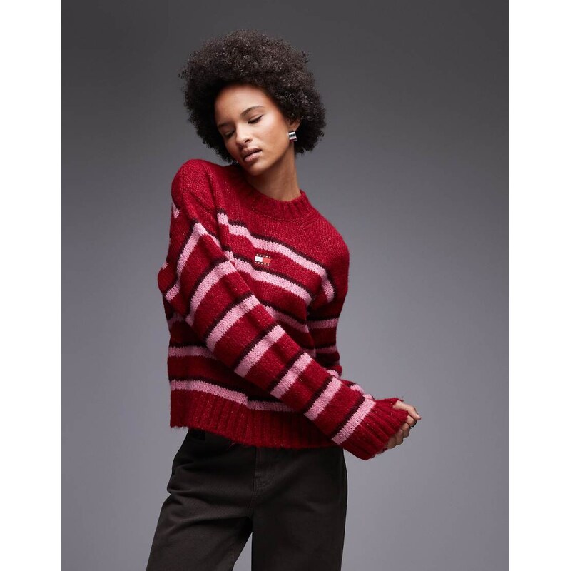Tommy Jeans fluffy badge jumper in red and pink stripe