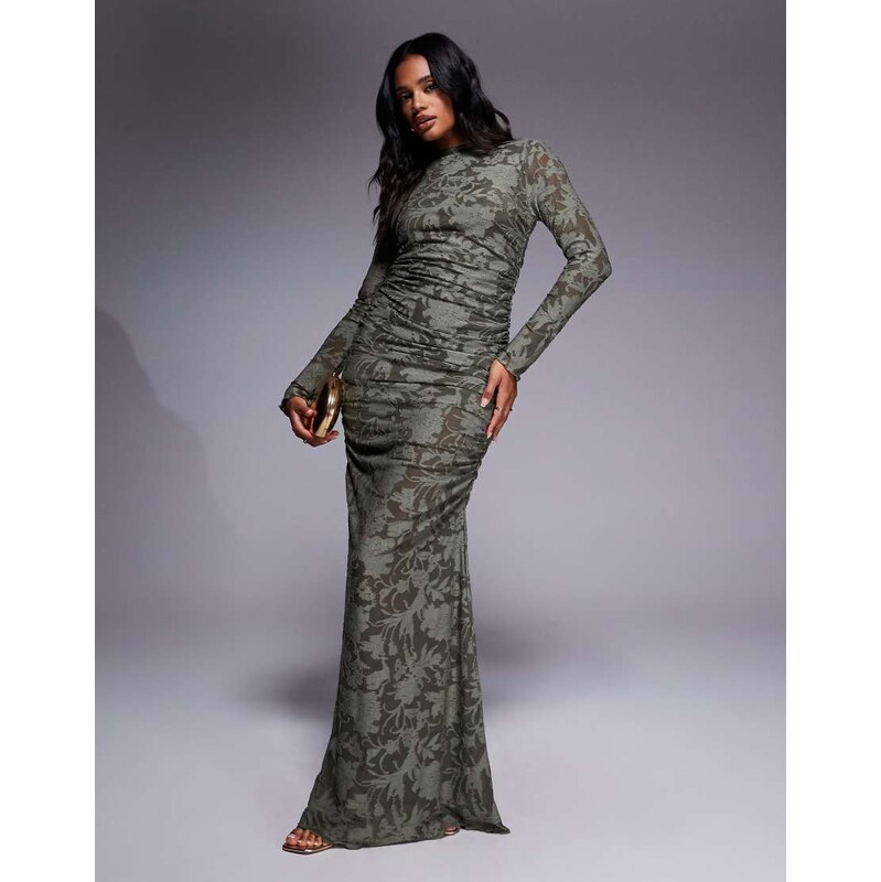 ASOS DESIGN devore long sleeve ruched maxi dress in khaki-Green