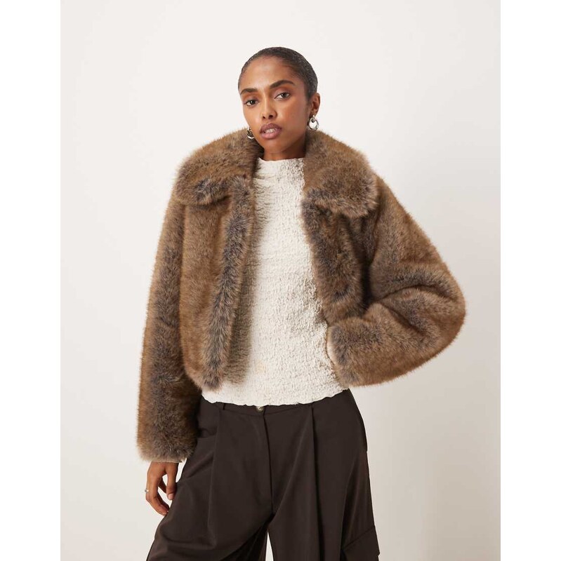 Mango faux fur cropped jacket with collar detail in brown