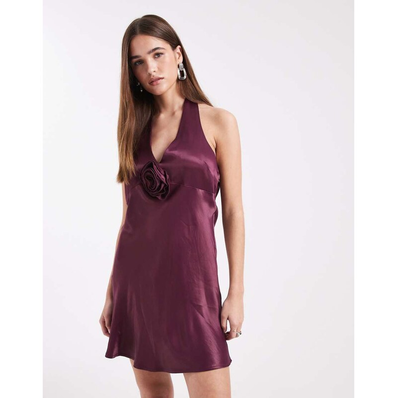 Miss Selfridge satin corsage halter mini dress in fig-Purple