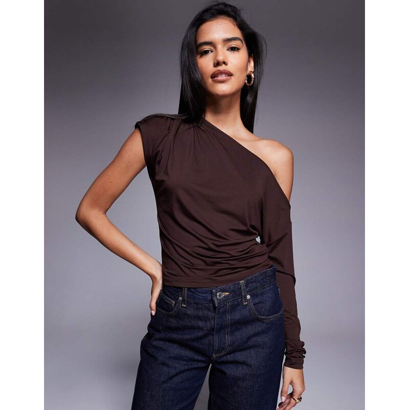 ASOS DESIGN slinky one shoulder asymmetric drape top in brown