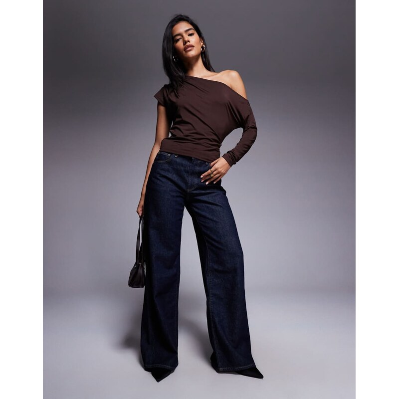 ASOS DESIGN slinky one shoulder asymmetric drape top in brown