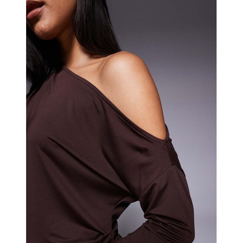 ASOS DESIGN slinky one shoulder asymmetric drape top in brown