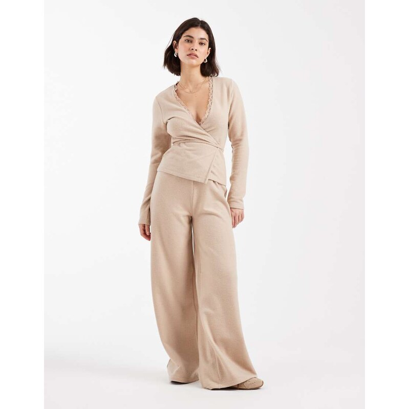 Miss Selfridge brushed waffle wide leg trouser in mushroom-Brown