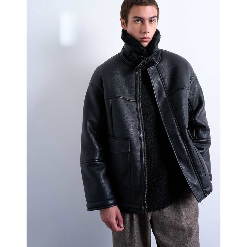 Topman faux shearling jacket with patch pockets in black