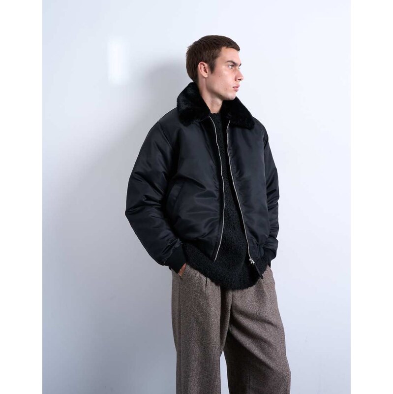 Topman faux fur collar bomber jacket in black