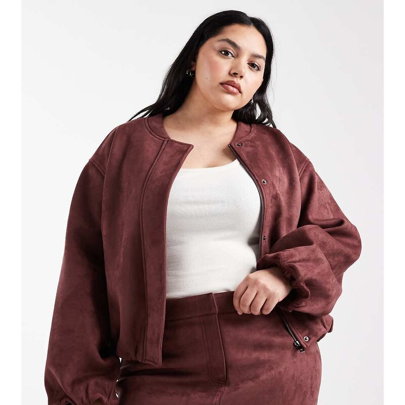 4th & Reckless Plus faux suede bomber jacket co-ord in burgundy-Grey 110049829