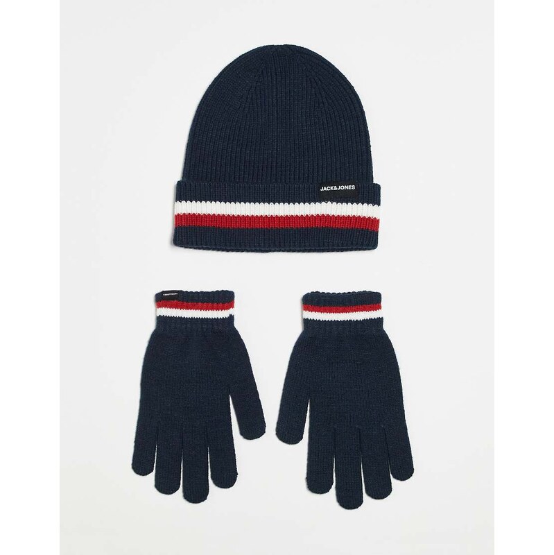 Jack & Jones striped beanie and glove gift set in navy