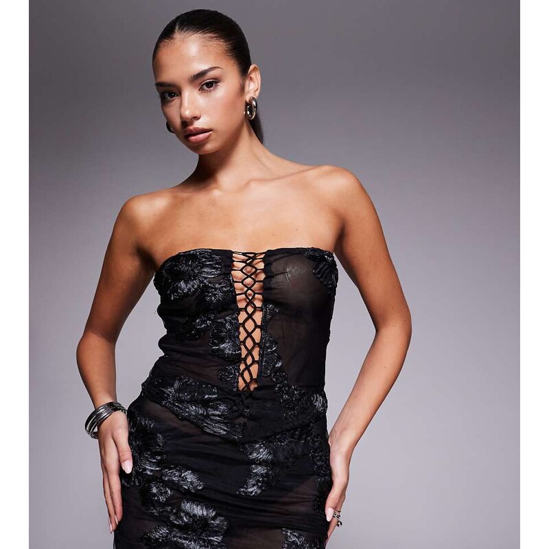 Murci exclusive mesh bandeau lace up top co-ord in textured black 113263316