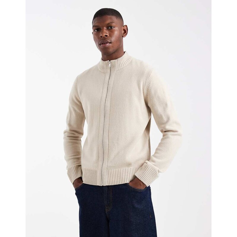 New Look zip through cardigan in cream-Neutral