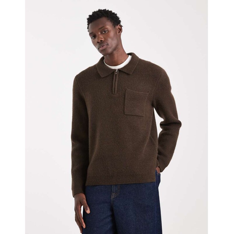 New Look quarter zip knitted polo jumper in dark brown