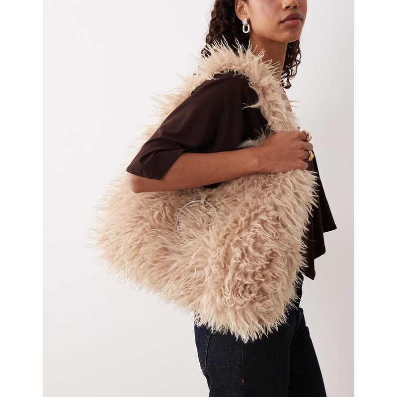 Mango shaggy faux fur oversized shoulder bag in beige-Neutral 110049938