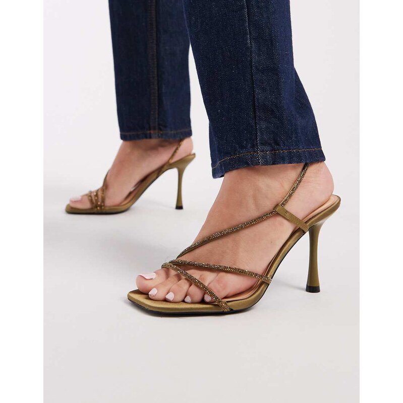 New Look asymmetric embellished heeled sandals in dark green 110049941