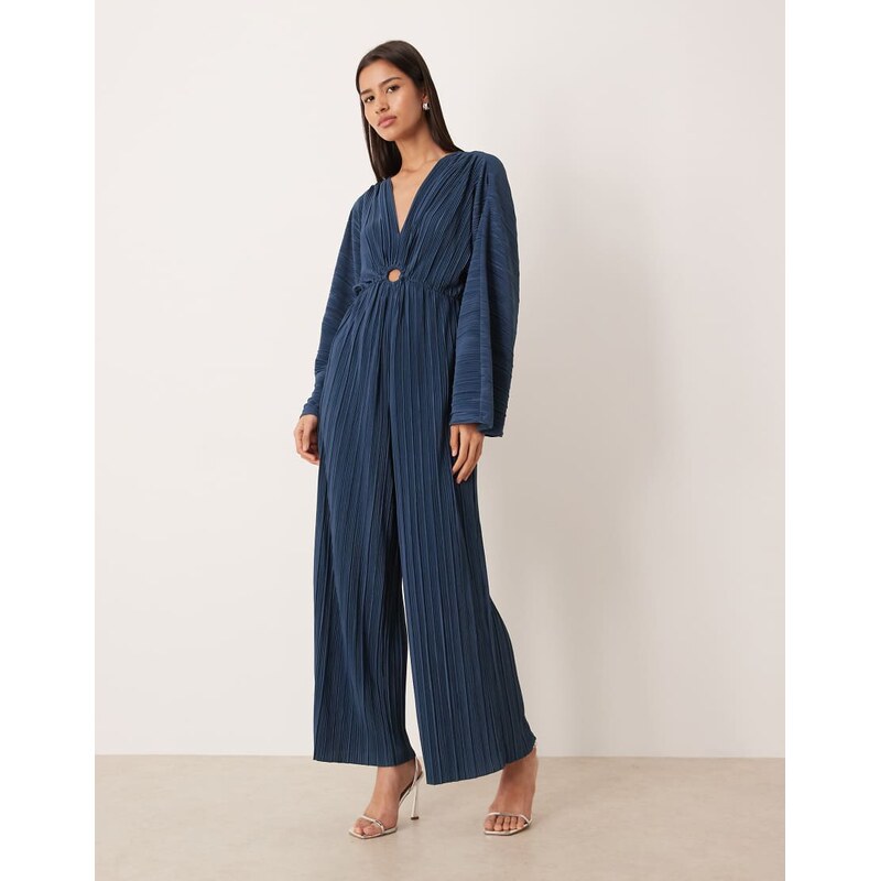 YAS long sleeve gathered plisse jumpsuit in dark blue-Navy