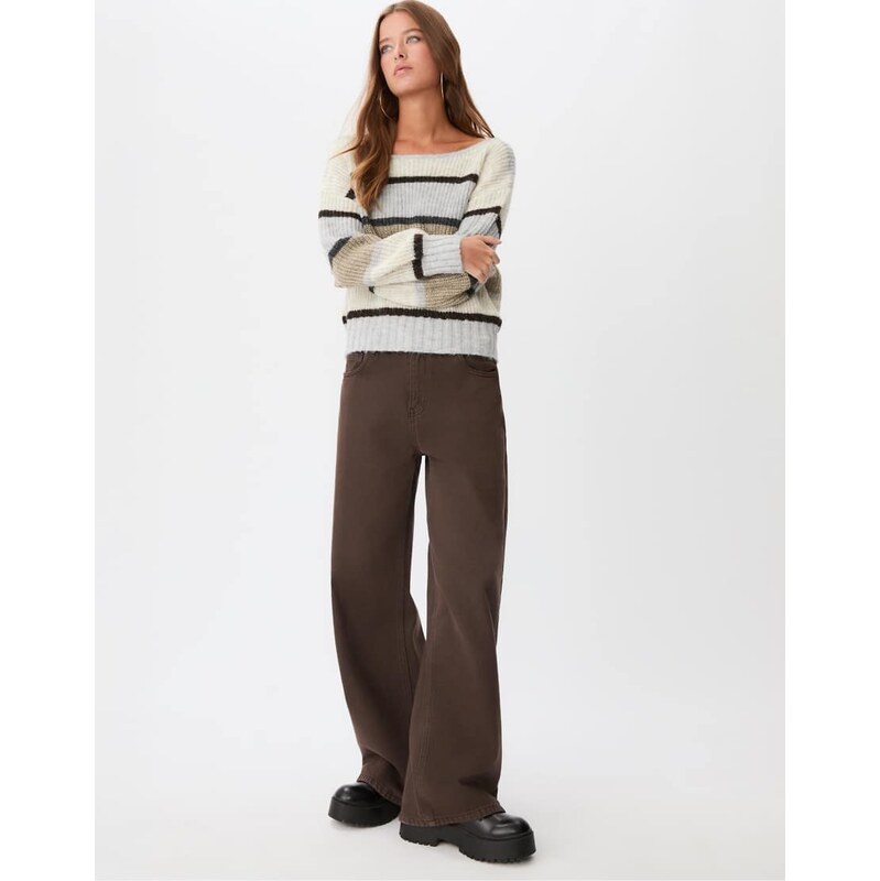 Stradivarius Striped boat neck sweater in brown