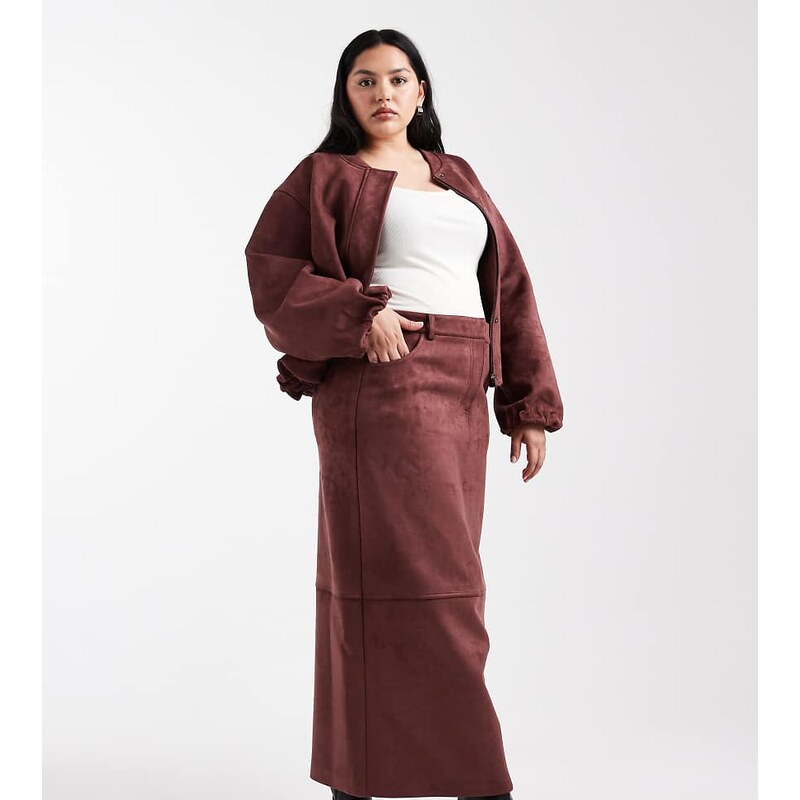 4th & Reckless Plus faux suede maxi skirt co-ord in burgundy-Red
