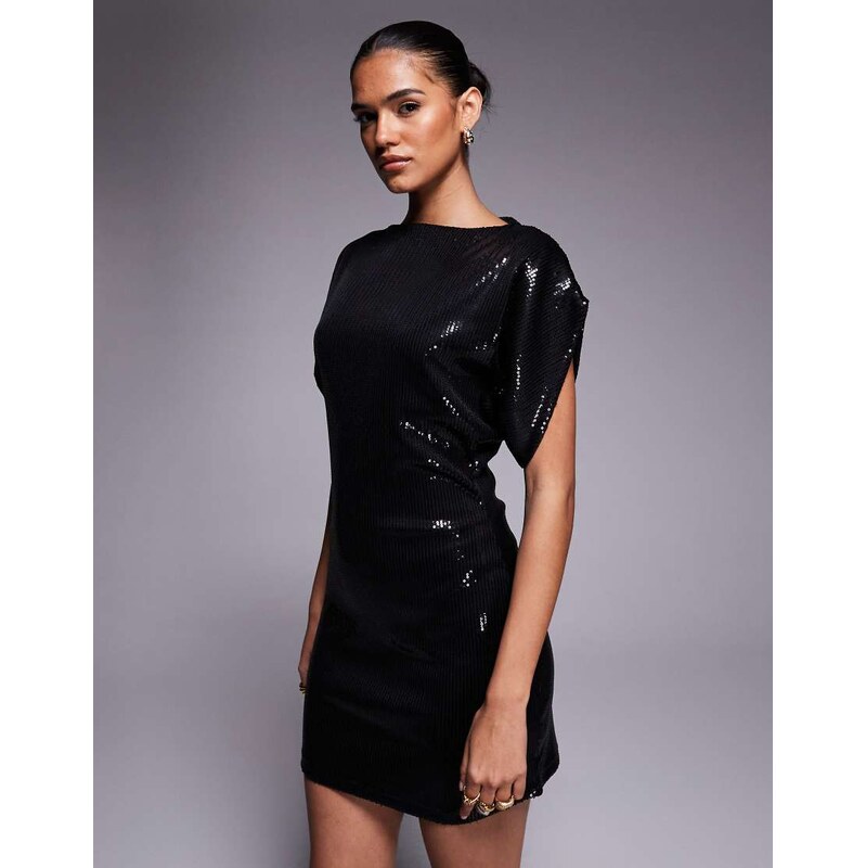 ASOS DESIGN slash neck batwing sequin mini dress in black