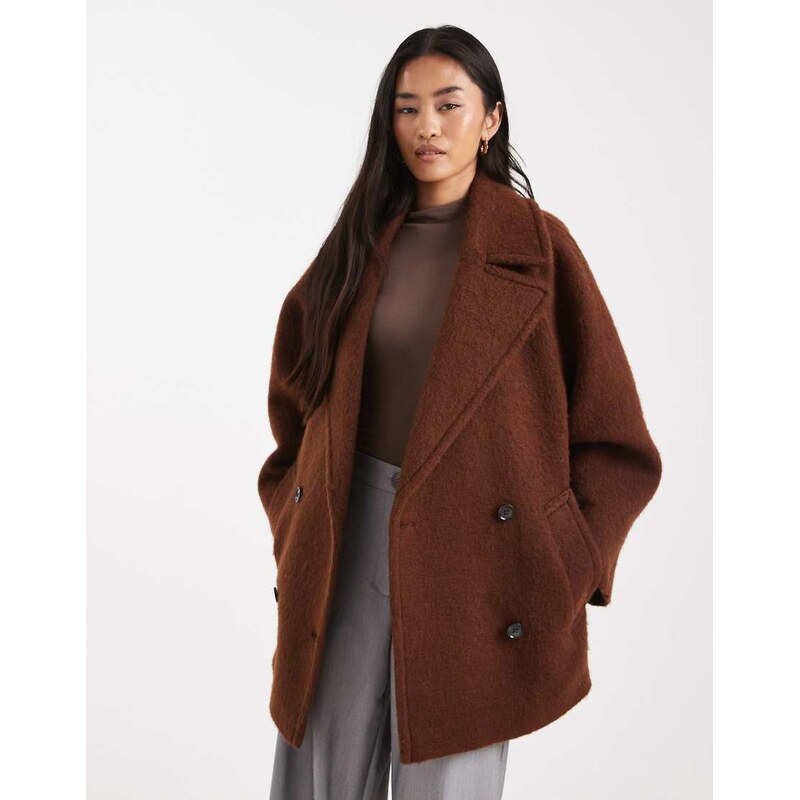 ASOS DESIGN premium oversized wool blend pea coat in toffee-Brown