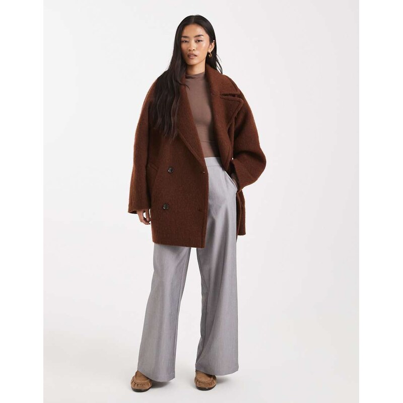 ASOS DESIGN premium oversized wool blend pea coat in toffee-Brown