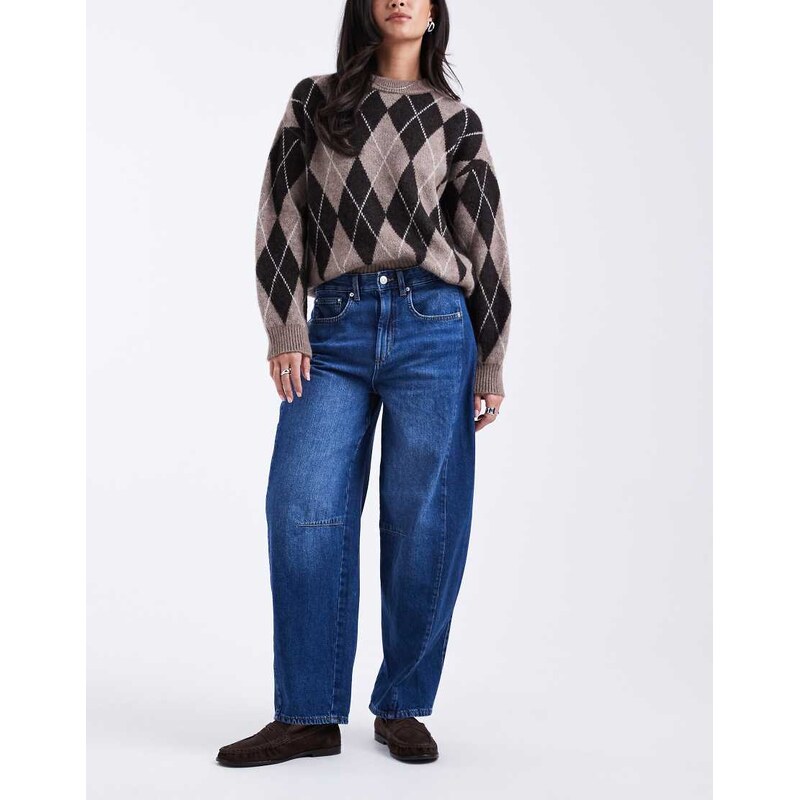 ONLY Chara high waist barrel leg panel jeans in dark blue denim