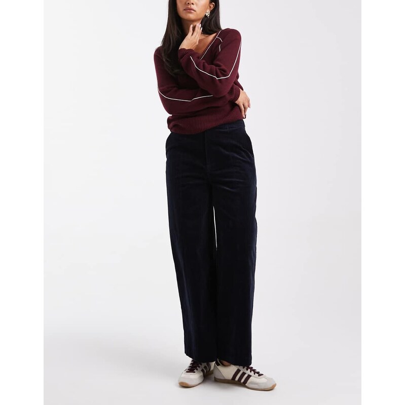 ASOS DESIGN cord wide leg ankle grazer trousers in navy