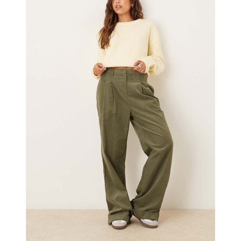 ASOS DESIGN cord turn up hem wide leg trousers in khaki-Green