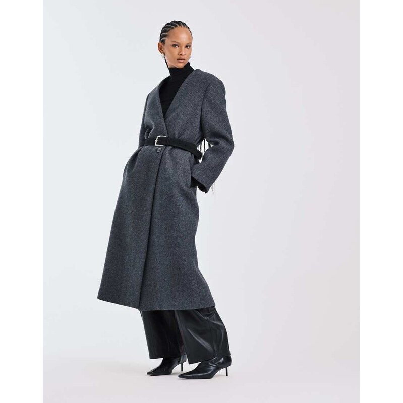 ASOS DESIGN premium wool blend collarless coat in charcoal-Grey