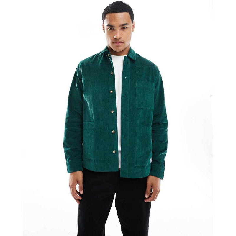 ASOS DESIGN cord overshirt with badge in dark green