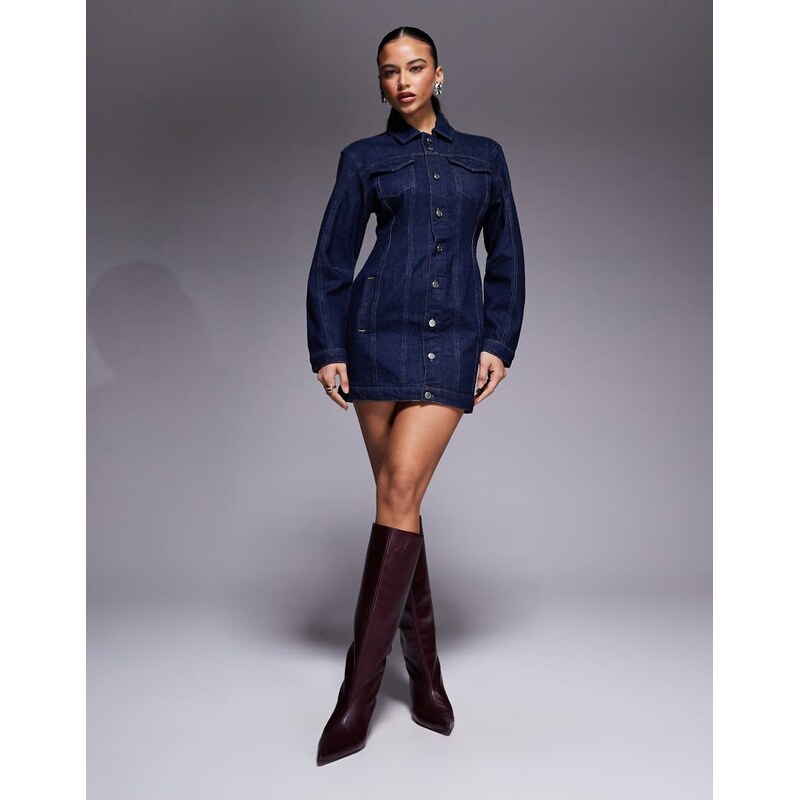 Good American denim button up shirt barrel sleeve mini dress in dark 110051993