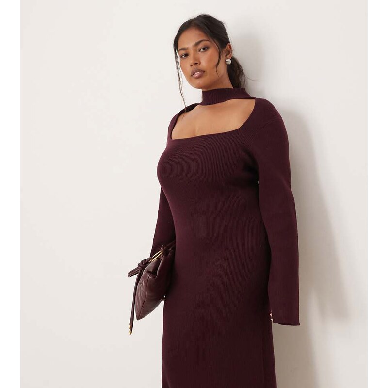 Pretty Lavish Curve knitted cutout midaxi dress in wine-Red 110922836