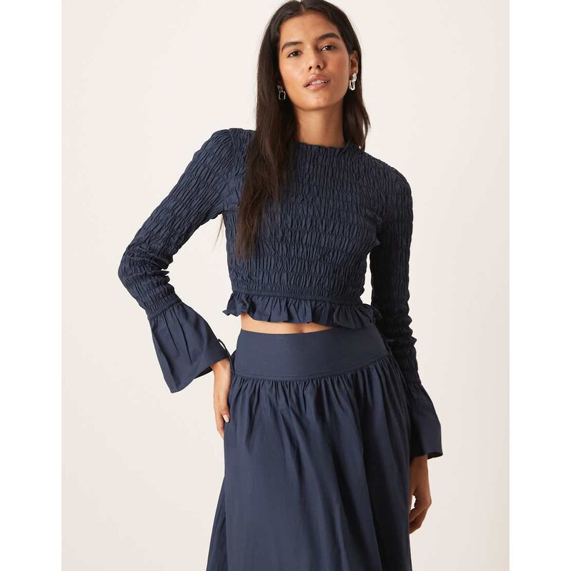 Glamorous long sleeve shirred top in navy blue co-ord