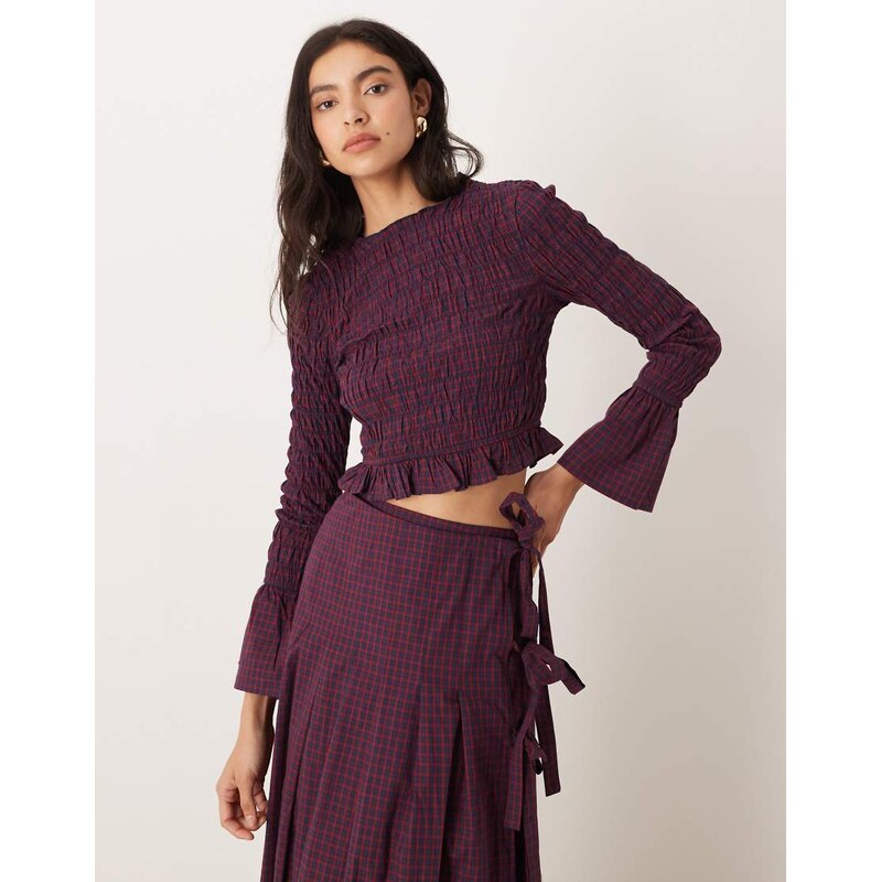 Glamorous long sleeve shirred top in red check co-ord