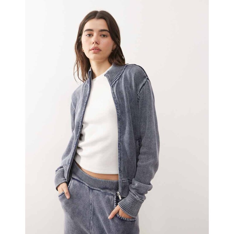 COLLUSION acid wash waffle zip thru jumper co-ord in blue 110052288