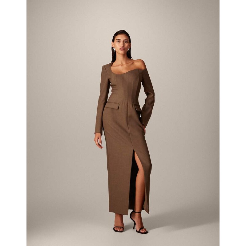 ARRANGE wave neckline asymmetric structured midi dress in brown 110640824