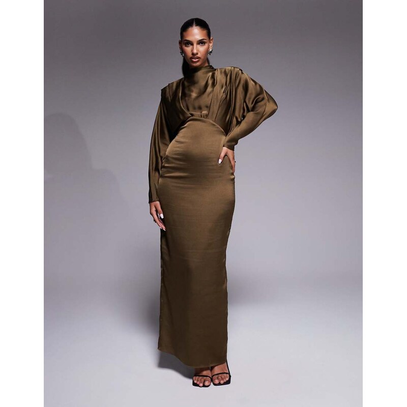 TFNC satin high neck fold over detail maxi dress in olive-Gold