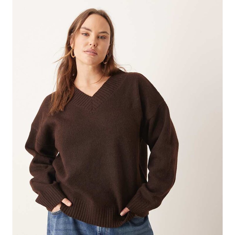 Brave Soul Plus v-neck soft touch jumper in chocolate brown