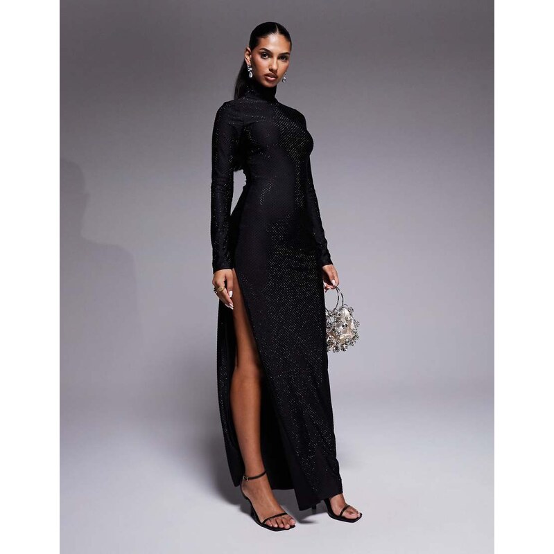 AFRM hotfix roll neck thigh split maxi dress in black 110063079