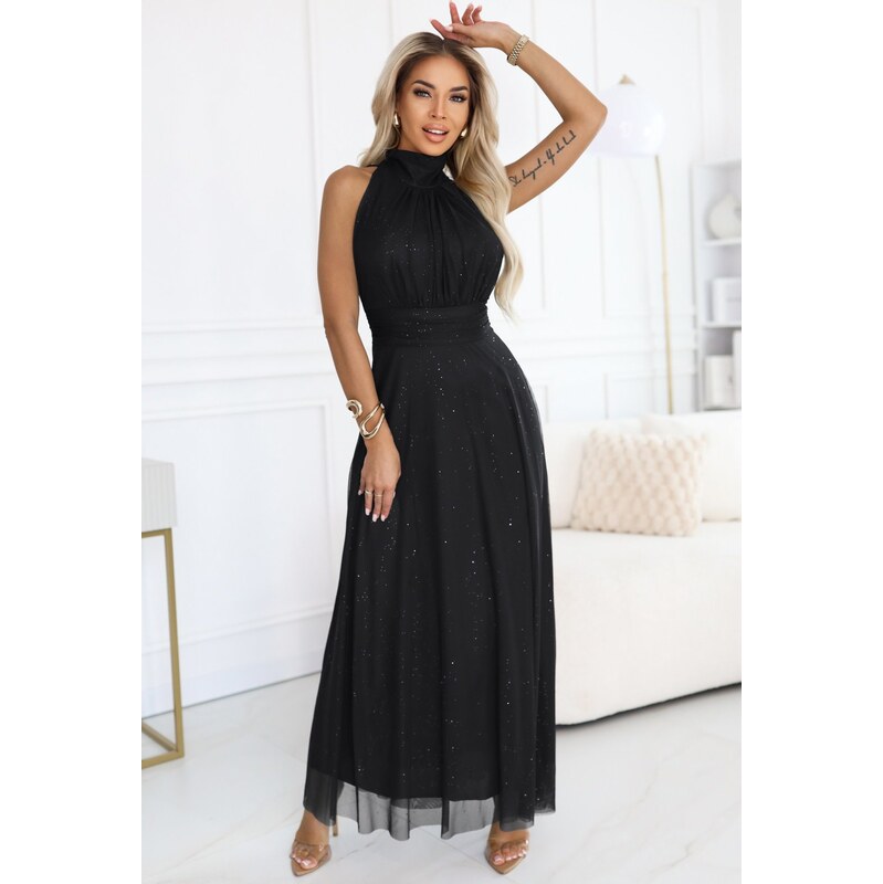 NUMOCO Černé lesklé luxusní dlouhé šaty VERONICA s elegantním