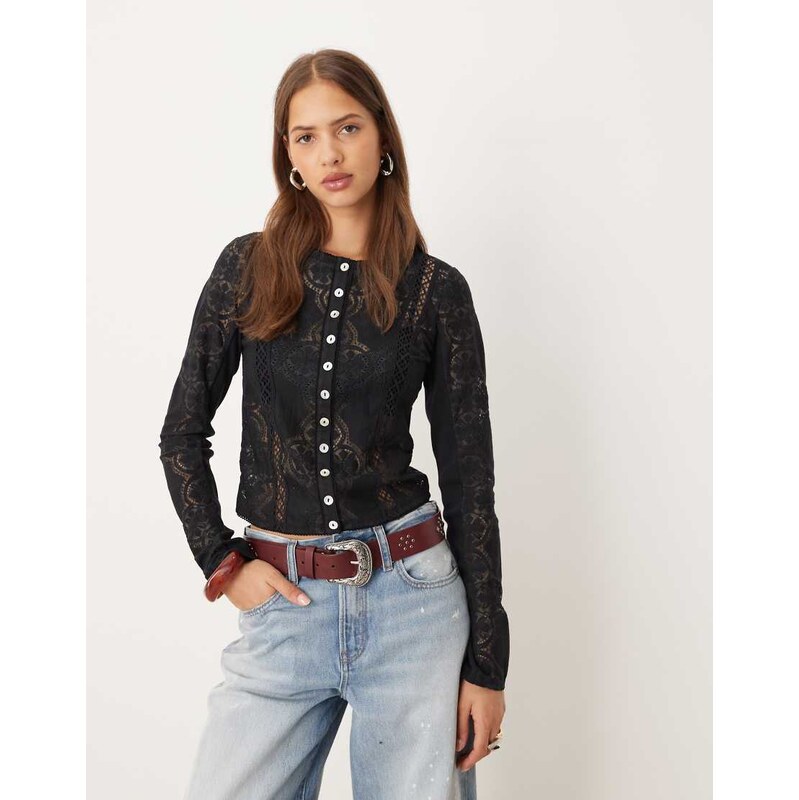 Free People Jae Knit long sleeve button up top in black
