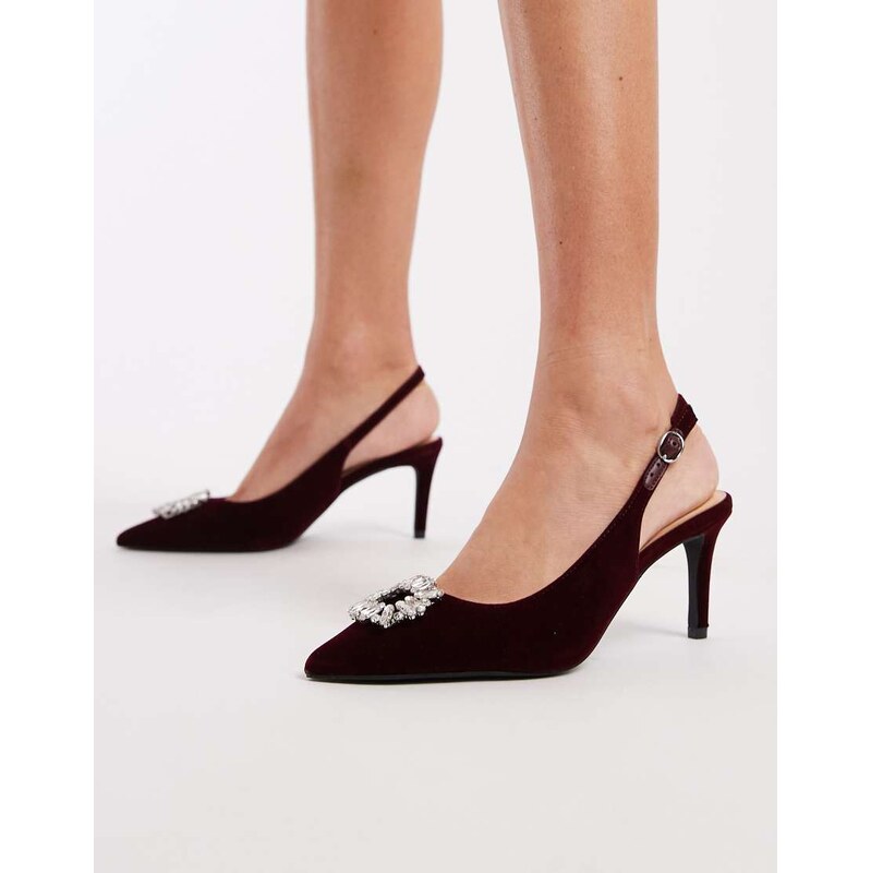 New Look embellished buckle heeled slingback shoe in burgundy