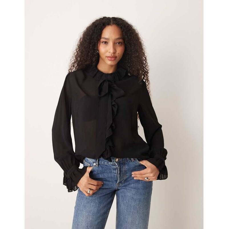 Mango ruffle detail blouse with tie neck in black