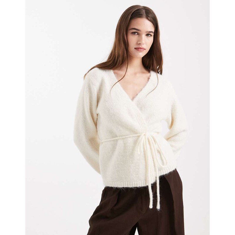 Vero Moda tie waist knitted cardigan in cream melange-White