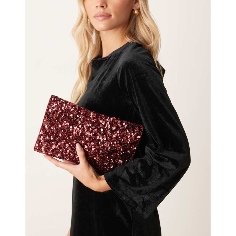 True Decadence all over sequin envelope clutch bag in burgundy-Red 114687902