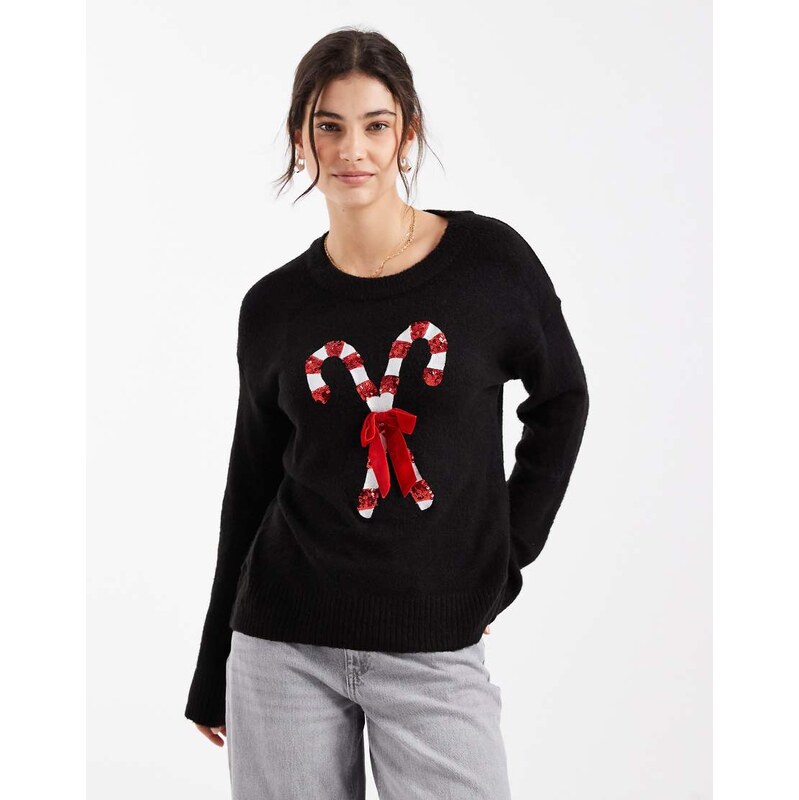 Brave Soul oversized Christmas jumper with sequin candy cane detail in 110062538