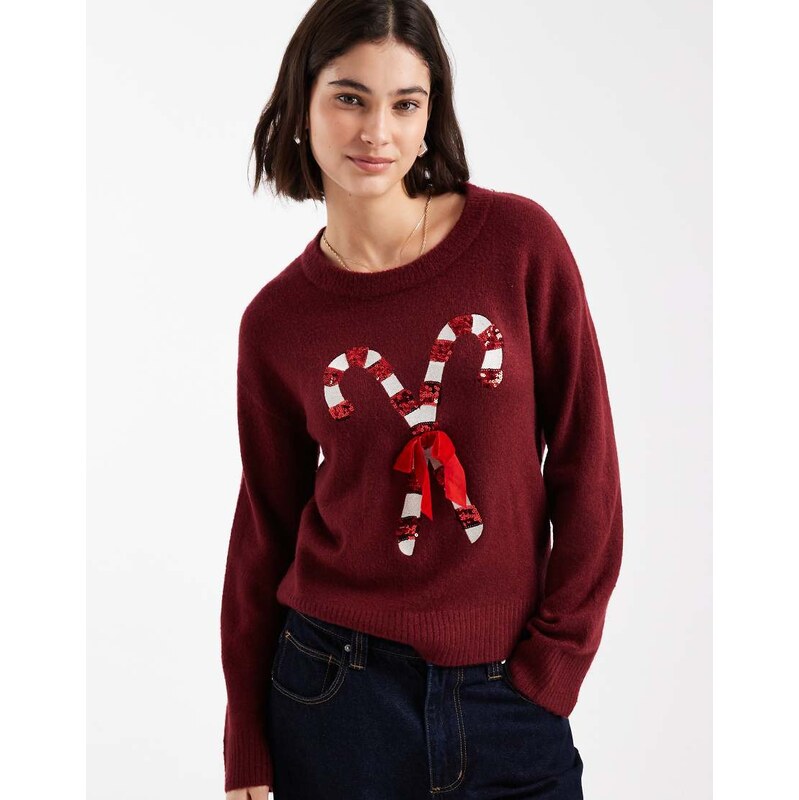 Brave Soul oversized Christmas jumper with sequin candy cane detail in 110062539