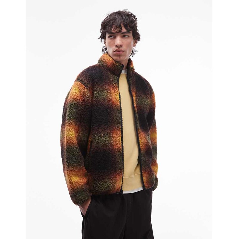Vans heights full zip sherpa jacket in brown and yellow plaid